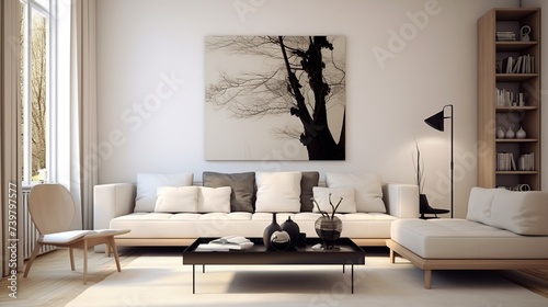 Elegant living room interior with sofa, and poster on a large wall. Minimalist living room at the house or apartment. © Alpa