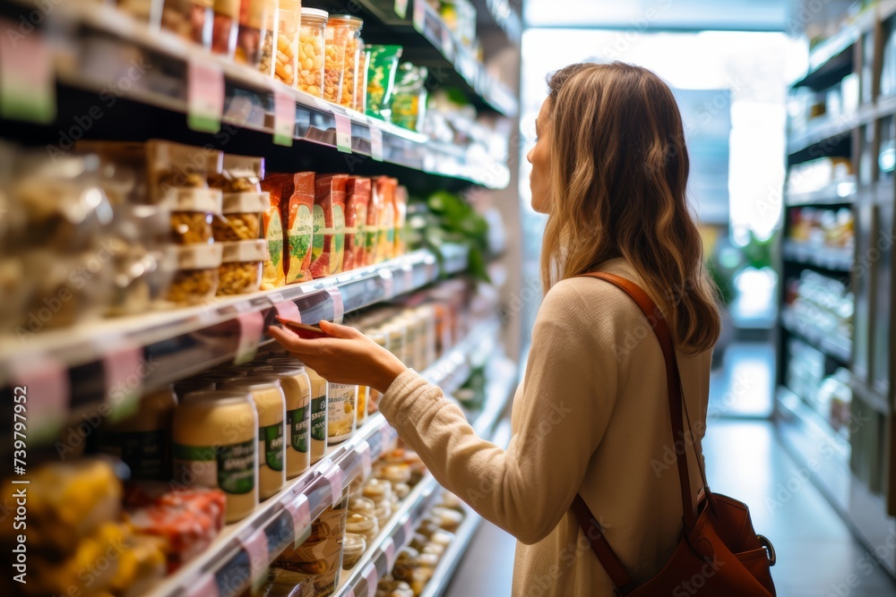A shopper browsing through a wide selection of plant-based protein products, embracing New Food Restrictions for ethical and health reasons, with FDA-approved packaging visible