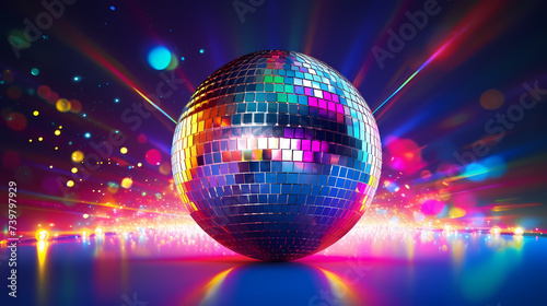 Disco ball sphere with colorful disco lights at party