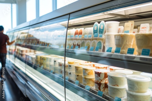 Various dairy alternatives in the refrigerated section, navigating through New Food Restrictions with the help of FDA-regulated nutritional information, with a modern supermarket
