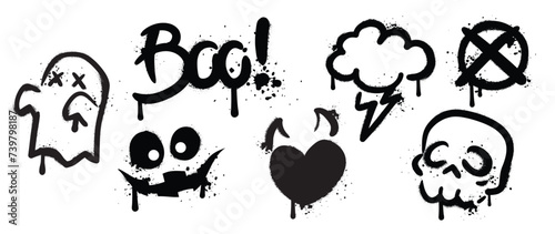 Set of black graffiti spray element vector. Collection halloween of symbol, ghost, skull, lightning, heart with ink drip texture. Design illustration for sticker, decoration, street art. 