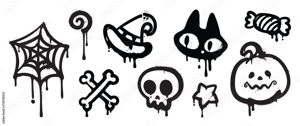 Naklejka premium Set of black graffiti spray element vector. Collection halloween of symbol, skull, cat, pumpkin, hat, cobweb, bone with ink drip texture. Design illustration for sticker, decoration, street art.