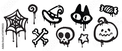 Set of black graffiti spray element vector. Collection halloween of symbol  skull  cat  pumpkin  hat  cobweb  bone with ink drip texture. Design illustration for sticker  decoration  street art. 