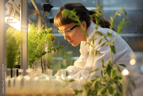 Scientist analyzes plant samples in a lab, working on biofuels, representing research and innovation in green energy. photo