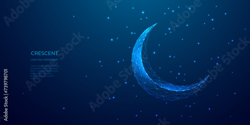 Abstract digital Ramadan moon on night starry sky background. Blue technology crescent consists of connected glowing dots and thin lines. Islamic moon. Holy Aid. Low poly wireframe vector illustration photo