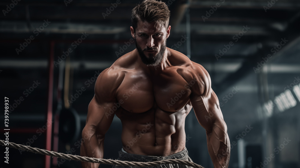 In a functional training environment, an athletic young man with toned and defined muscles performs a dynamic exercise routine with a battle rope