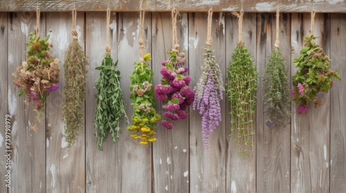 Vintage Bouquets of Dried Herbs Hanging on Wooden Wall.