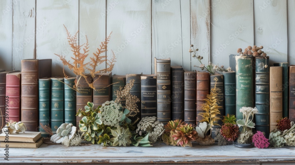 Vintage Books and Botanical Arrangement on Rustic Wooden Shelf. - obrazy, fototapety, plakaty 