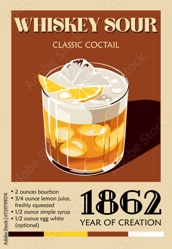 Whiskey Sour Cocktail retro poster. Classic cocktail with recipe digital print. Popular alcohol drink. Vintage style flat vector illustration, bar, pub, restaurant, kitchen wall art, bar cart decor.