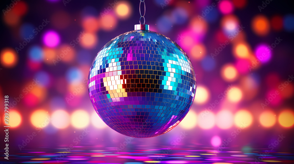 Obraz premium Disco ball sphere with colorful disco lights at party