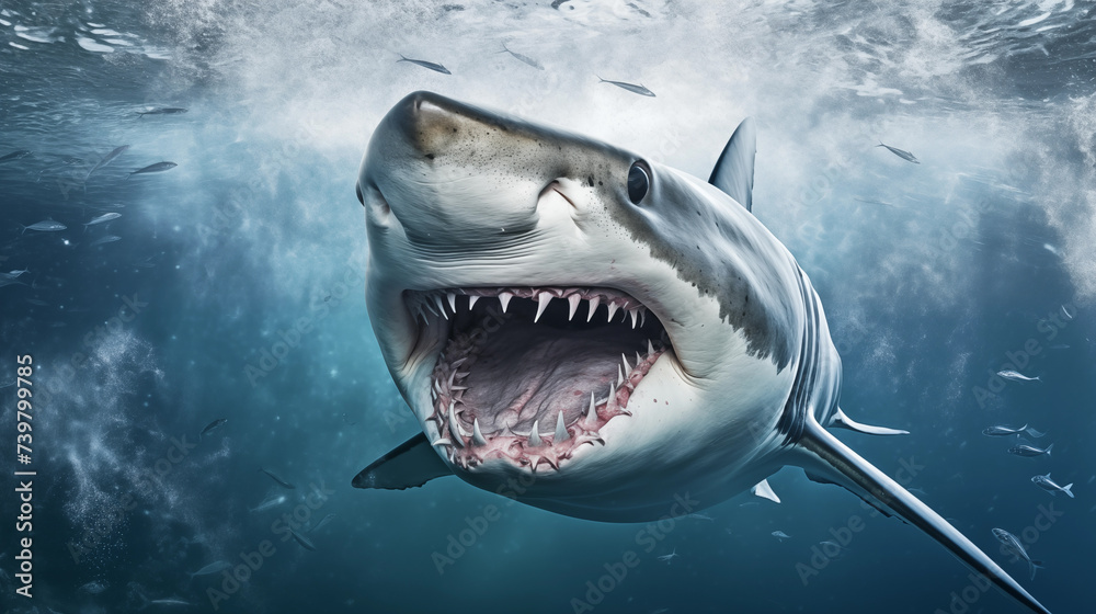 Fototapeta premium A shark swim underwater, marine life habitant. Shark with big jaw and sharp teeth attacks underwater in ocean. Dangerous shark in sea. Marine wildlife
