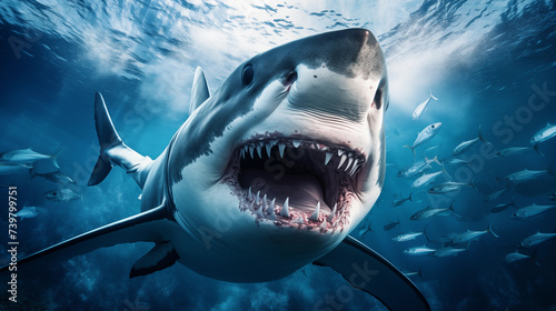 A shark swim underwater  marine life habitant. Shark with big jaw and sharp teeth attacks underwater in ocean. Dangerous shark in sea. Marine wildlife