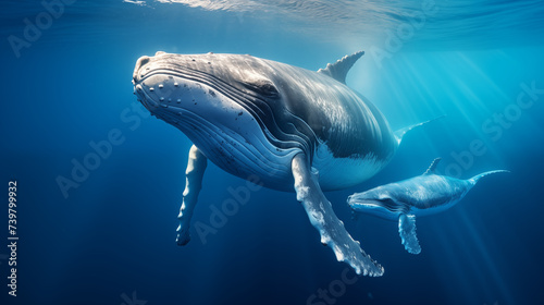 Baby humpback whales play near the surface in the blue water. Humpback whale in pacific ocean