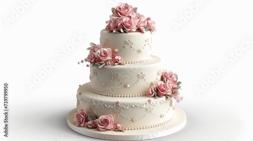 wedding cake, elegantly displayed against a crisp white background, showcasing its intricate design photo