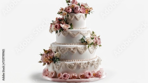 wedding cake, elegantly displayed against a crisp white background, showcasing its intricate design