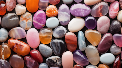 Gorgeous detailed pastel precious stones. Serene background of pastel rounded pebbles. Top view of different colourful natural gem stones crystals 