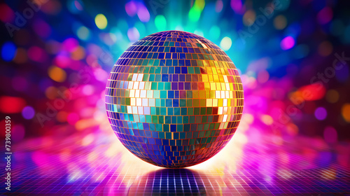 Disco ball sphere with colorful disco lights at party