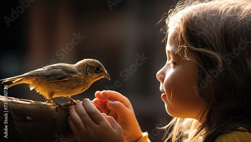 "A little girl smiles brightly as she gently holds a bird, radiating joy and innocence © Murda