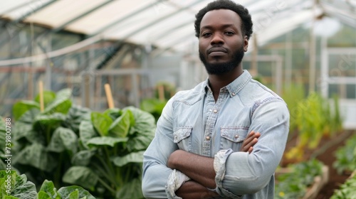 young handsome african american man with arms crossed standing in greenhouse