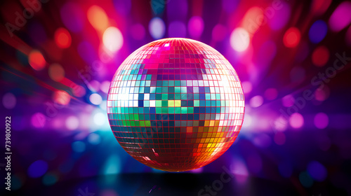 Disco ball sphere with colorful disco lights at party