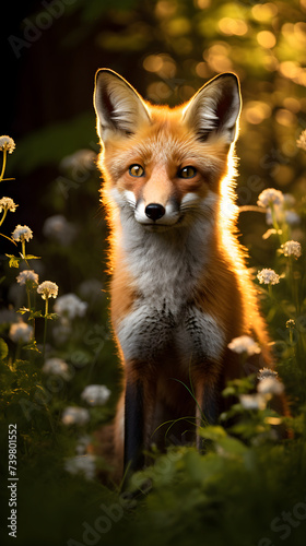 Sunlit Meadow's Poised Vixen: A Vivid Showcase of Wild Beauty amidst Vibrant Summer Foliage