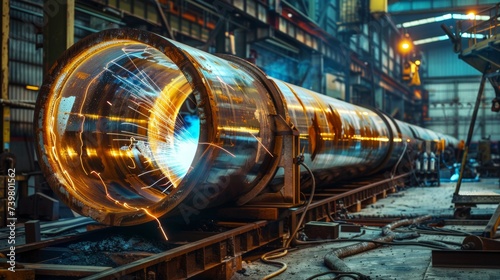 Welding large steel pipes in a factory