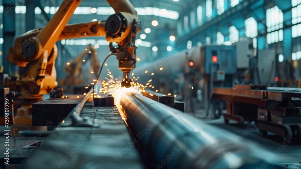 Robot arm welding pipe in factory