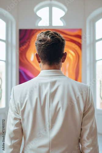 Close up photo of a man wearing a white coat looking at an abstract painting in a portrait from behind