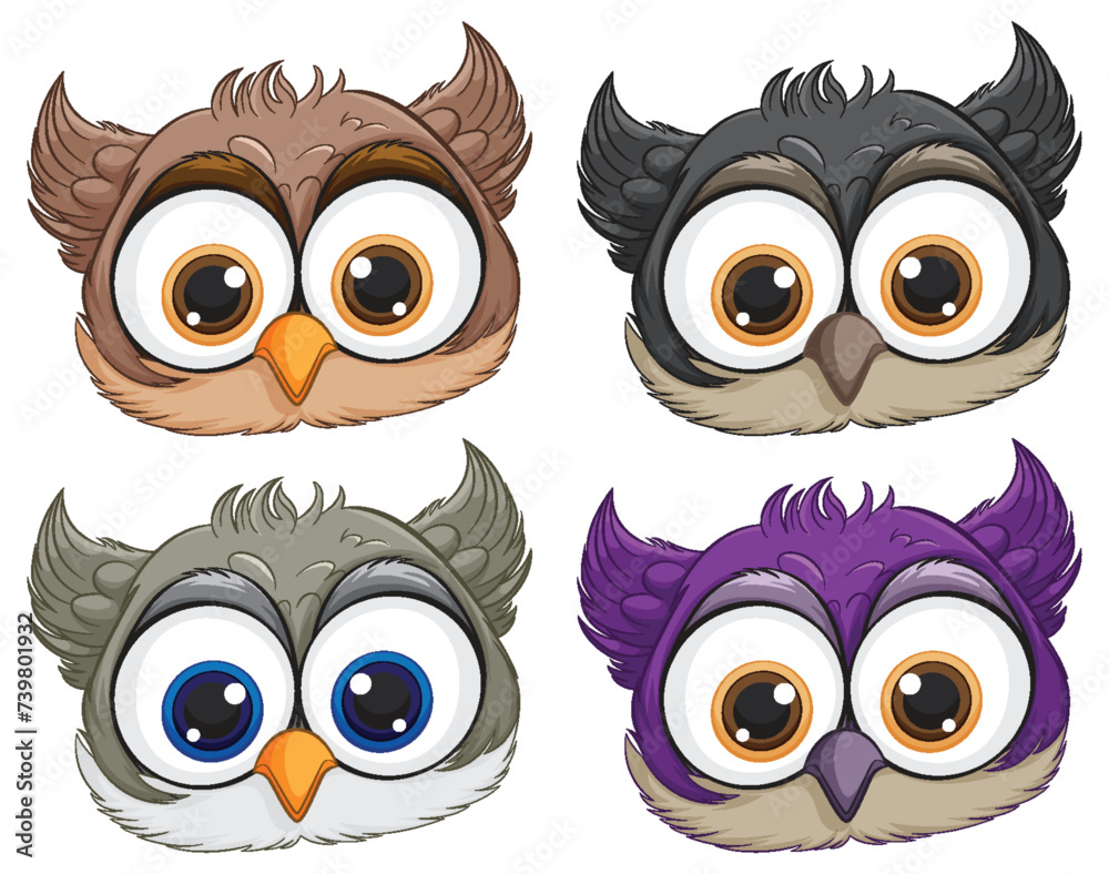 Fototapeta premium Four cute owls with different feather colors.