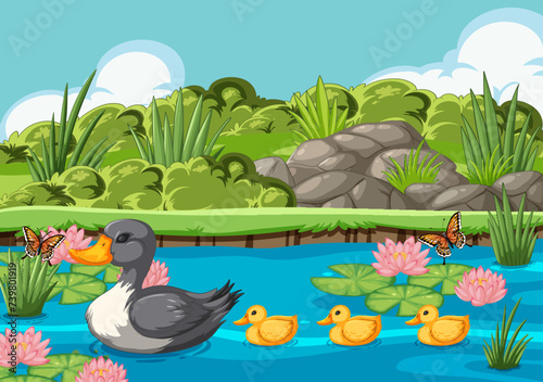 Vector illustration of ducks in a serene pond setting