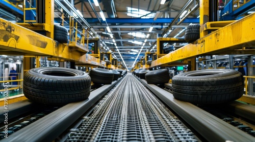 Conveyor belt full of tires in factory