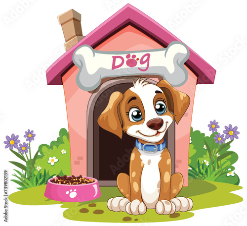 Cartoon puppy sitting by its colorful doghouse