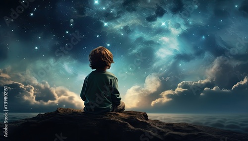 A child gazes up at a starry night sky, embodying the innocence and boundless dreams of youth photo