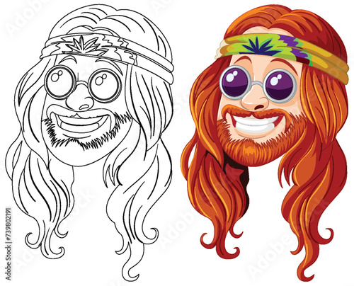 Black and white and colored hippie character faces