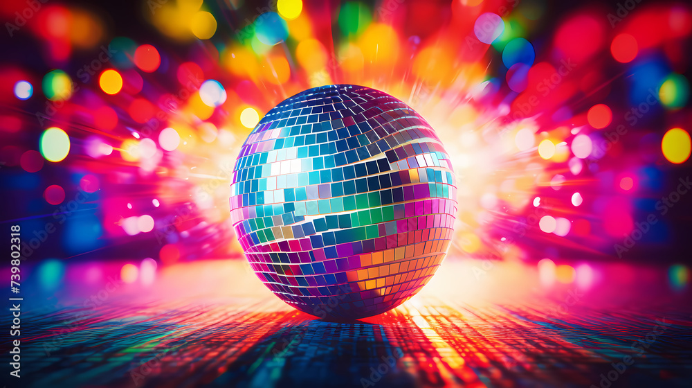 Obraz premium Disco ball sphere with colorful disco lights at party