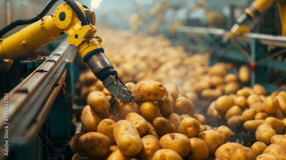 Robotic arm harvests potatoes on conveyor belt Robotic arm harvests potatoes on conveyor belt