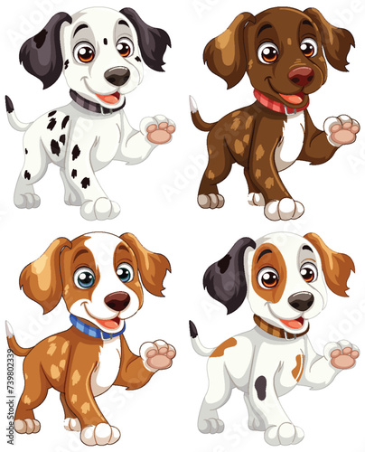 Four cute vector puppies with different markings.
