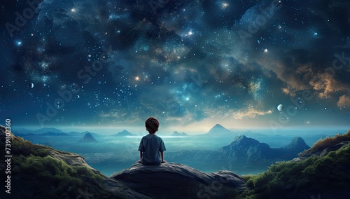 A child gazes up at a starry night sky, embodying the innocence and boundless dreams of youth