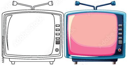 Two vintage TVs with colorful screens and antennas.