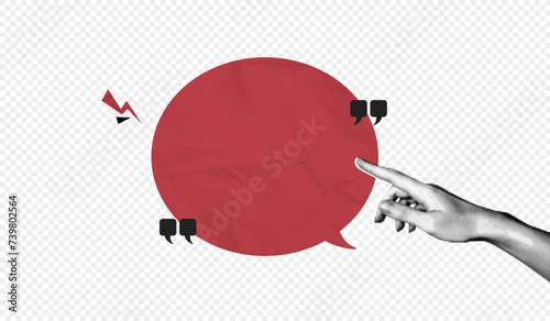 Trendy Halftone Collage Hand showing empty space speech bubble. Social media communication. Contemporary art. Empty space for quote, plan and idea. Creative abstract template. Vector illustration