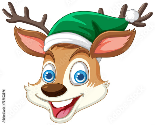 Vector illustration of a smiling reindeer wearing a Christmas hat.