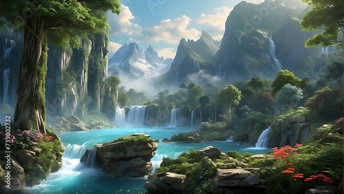 Waterfalls mystical forest, fantasy, fairy tale, magical, generative AI © ceng