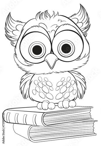 Cute cartoon owl perched on hardcover books