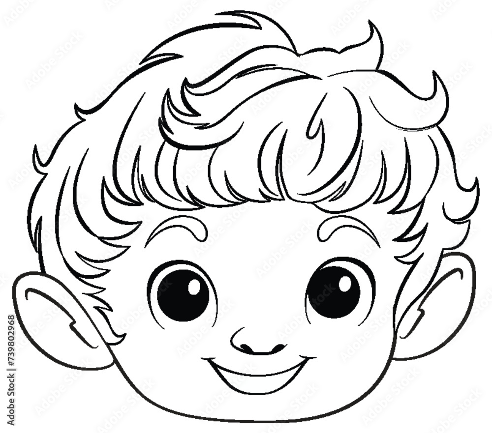 Black and white line art of a happy elf child.