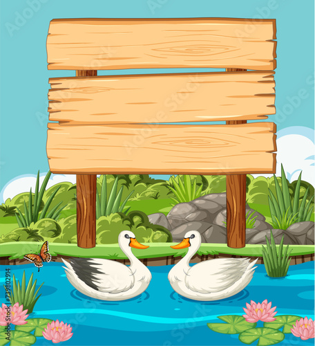 Two ducks swimming near a blank wooden sign.