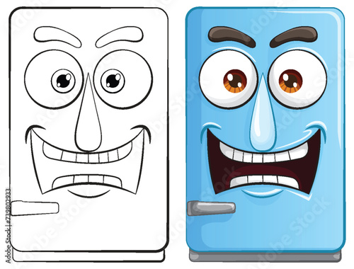 Two cartoon refrigerators with contrasting emotions.