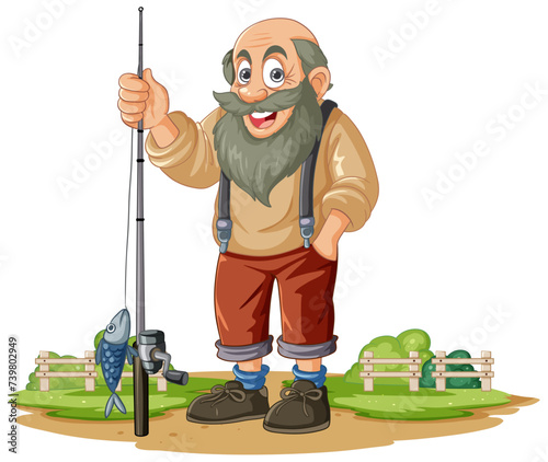 Cheerful old fisherman standing with a fishing rod