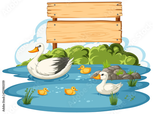 Vector illustration of ducks with wooden sign
