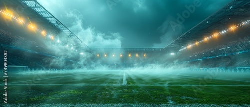 Sports stadium with lights, textured soccer field with spotlights, fog midfield, empty area for championships, studio room, night scene. photo