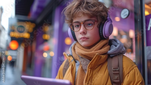 Young cool boy teen student in casual clothes working on tablet pc computer isolated on plain violet background. Concept of education in high school university college.